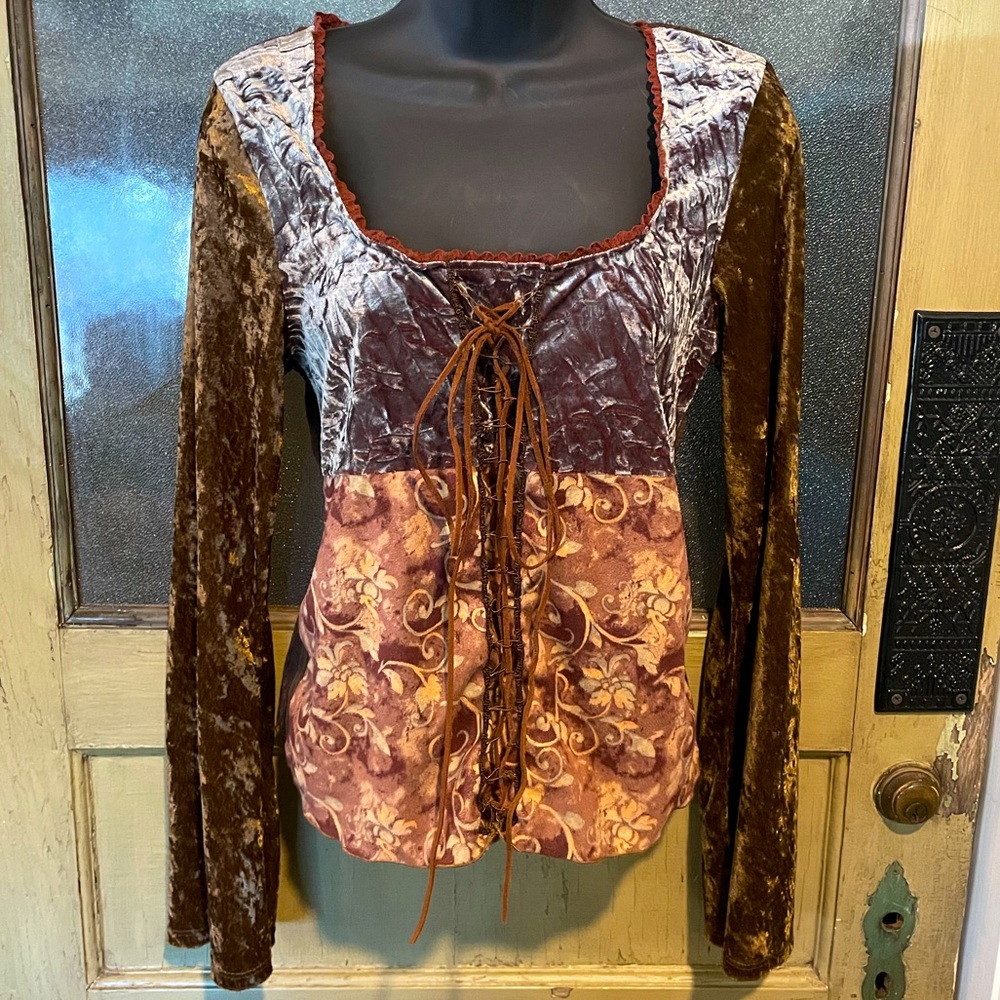FANG Crushed Velvet Tie-up Peasant Blouse XL